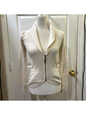 GUESS y2K Ivory Waffle Knit Cardigan Sweater XS Full Zip Shawl Collar Pockets